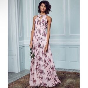 Marchesa Notte Bridal Bridesmaid Chiffon Pink Floral Halter Maxi Dress size 8